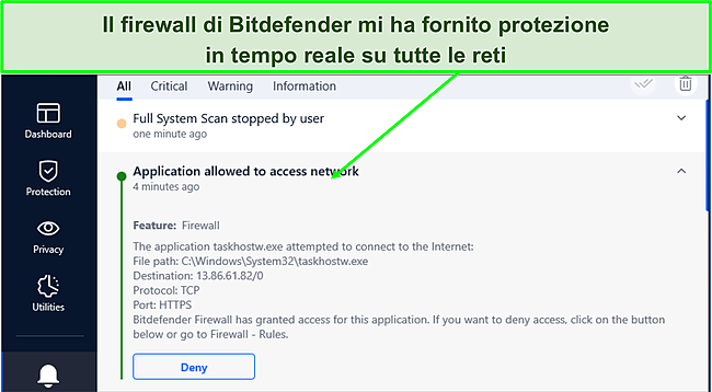 Screenshot dell'avviso del firewall di Bitdefender.