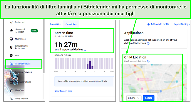 Screenshot della dashboard del controllo genitori di Bitdefender.