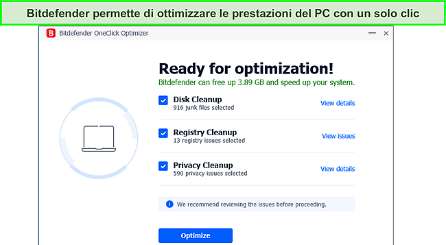 Screenshot del risultato dell'ottimizzatore per PC Bitdefender.