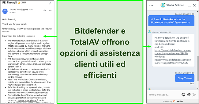 Screenshot della risposta dell'assistenza clienti per Bitdefender e TotalAV.