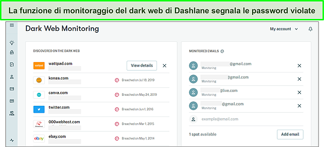 Utilizzo di Dark Web Monitoring di Dashlane per tenere traccia delle password violate.