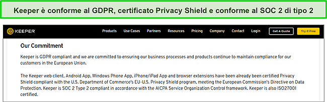 Certificazione Keeper's Privacy Shield e conformità SOC 2 Tipo 2 e GDPR.