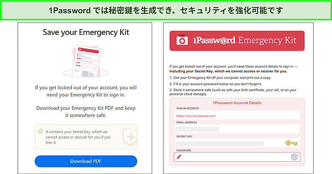 1Passwordの秘密鍵付き緊急キット。