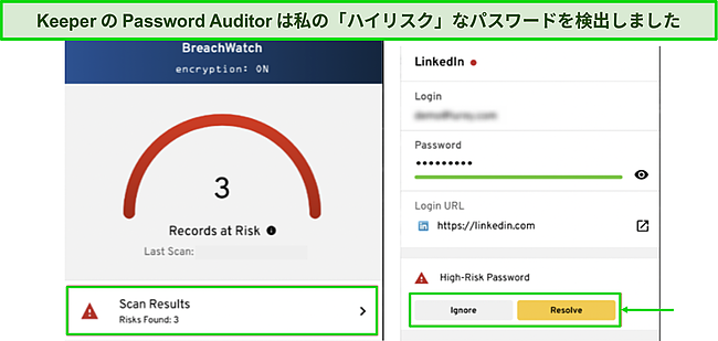 弱いパスワードを検出するKeeperのパスワード監査人のスクリーンショット。