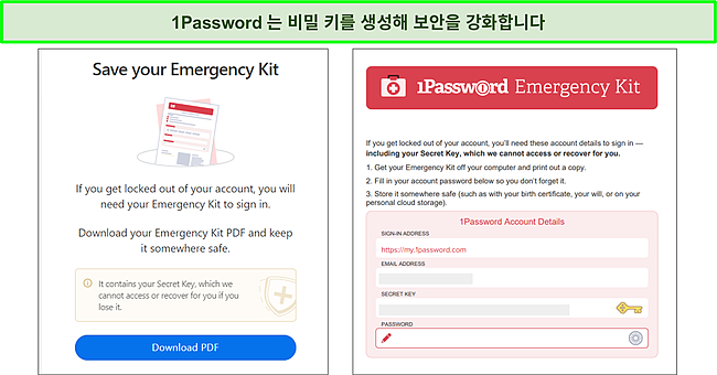 비밀열쇠가 있는 1Password의 비상용 키트.