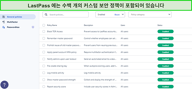 LastPass 일반 정책 대시보드의 스크린샷.