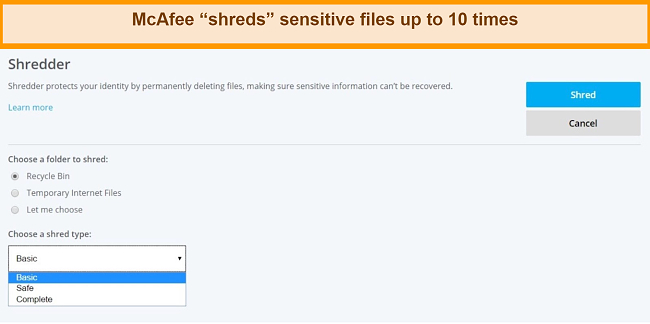 Screenshot of McAfee's Shredder feature