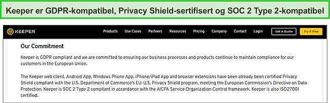 Keeper's Privacy Shield-sertifisering og SOC 2 Type 2 og GDPR-samsvar.