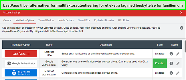 Skjermbilde av LastPass Multi-factor autentiseringsinnstillinger.