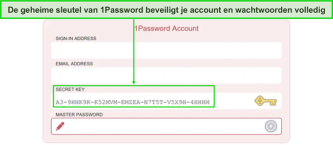 Screenshot van de inlogpagina van 1Password's Secret Key-account.