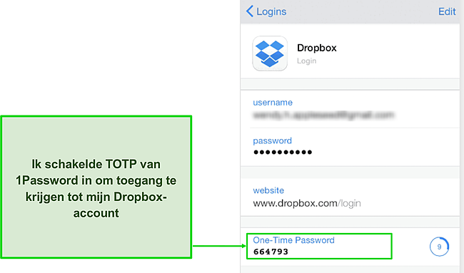 Screenshot van de TOTP-code van 1Password onder iPhone .