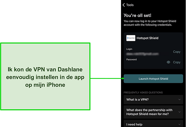 Screenshot van de VPN-configuratie van Dashlane vanuit de app.