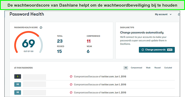 Dashlane's wachtwoordgezondheidsfunctie in actie.