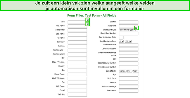 Screenshot van het testformulier dat automatisch wordt ingevuld door de functie voor automatisch invullen van Roboform.