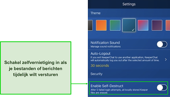 Screenshot van de zelfvernietigingstimeroptie van KeeperChat in .