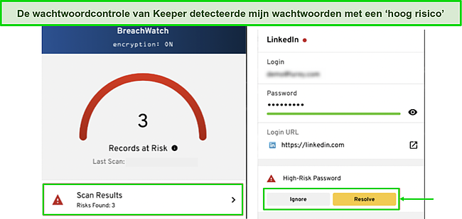 Screenshot van Keeper's Password Auditor die zwakke wachtwoorden detecteert.