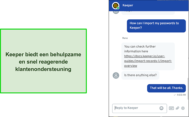 Gesprek met de live chat-ondersteuning van Keeper.