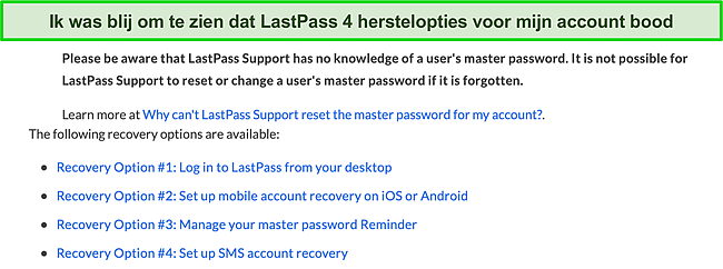 Screenshot van de accountherstelopties van LastPass.