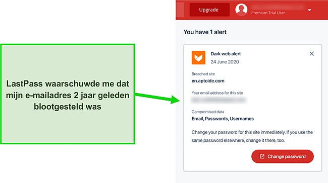 Screenshot van LastPass's dark web alert.