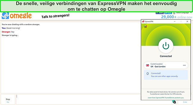 Screenshot van ExpressVPN verbonden met een Britse server met een Omegle-chat actief op de achtergrond.