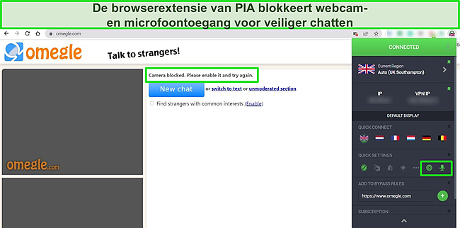 Screenshot van PIA's Chrome-browserextensie die is verbonden met een Britse server met geblokkeerde microfoon- en webcamfuncties, terwijl Omegle op de achtergrond ook laat zien dat webcam en microfoon zijn geblokkeerd.