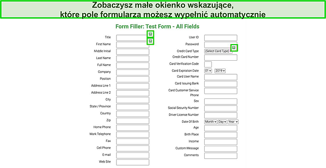 Zrzut ekranu formularza testowego wypełnianego automatycznie przez funkcję automatycznego wypełniania Roboform.