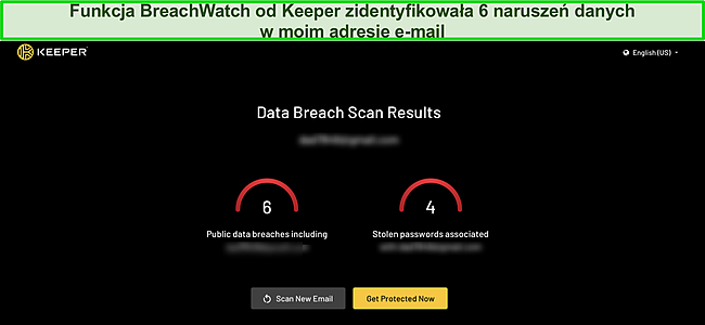 Zrzut ekranu z wynikami naruszeń danych narzędzia Keeper do monitorowania ciemnych sieci.