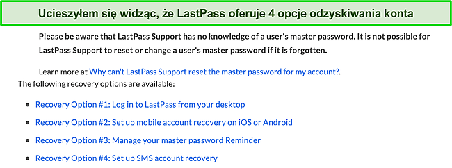 Zrzut ekranu opcji odzyskiwania konta LastPass.