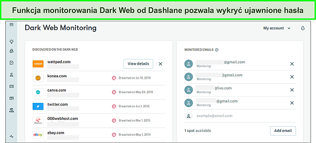 Korzystanie z funkcji monitorowania sieci Dark Web firmy Dashlane do śledzenia naruszonych haseł.