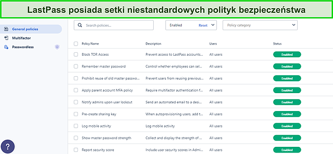 Zrzut ekranu z pulpitu nawigacyjnego LastPass General Policies.