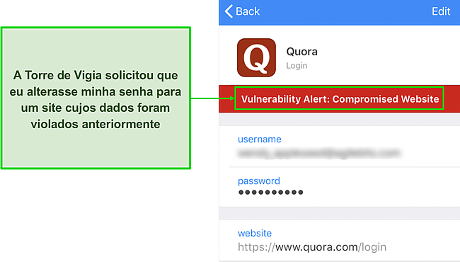 Captura de tela da Torre de Vigilância do 1Password detectando um site comprometido.