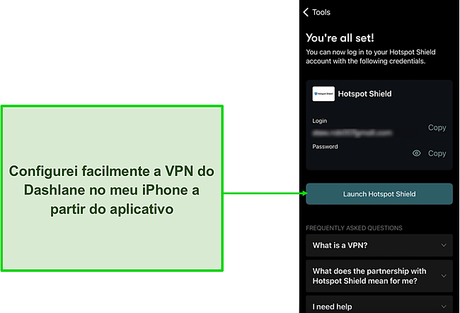 Captura de tela da configuração de VPN do Dashlane de dentro do aplicativo.