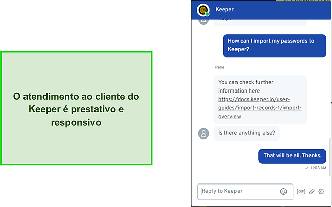 Conversa com o suporte de chat ao vivo do Keeper.