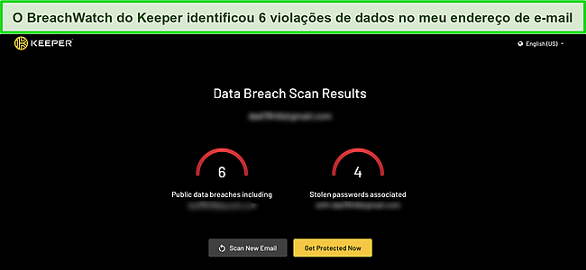 Captura de tela dos resultados de violação de dados da ferramenta de monitoramento da dark web Keeper.
