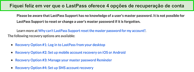 Captura de tela das opções de recuperação de conta do LastPass.