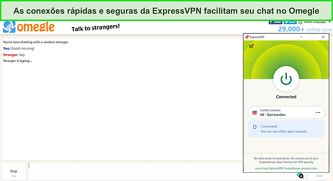 Captura de tela da ExpressVPN conectada a um servidor do Reino Unido com um bate-papo Omegle ativo em segundo plano.