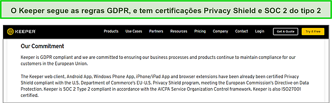 Certificação de Escudo de Privacidade do Keeper e conformidade com SOC 2 Tipo 2 e GDPR.