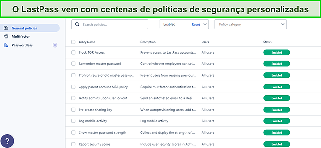 Captura de tela do painel de Políticas Gerais do LastPass.