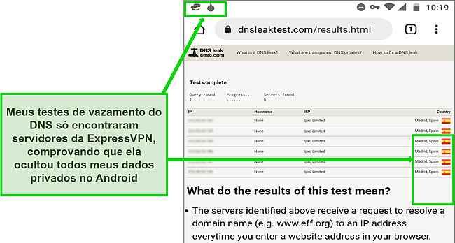 Captura de tela de um teste de DNS bem-sucedido no Android enquanto a ExpressVPN está conectada a um servidor em Madri.