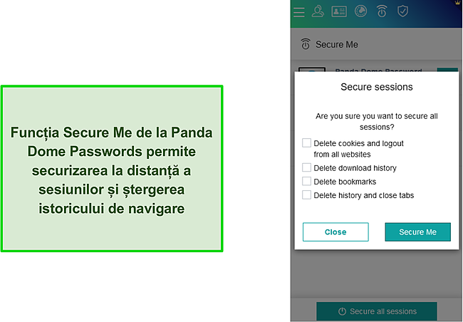 Funcția Secure Me a Panda Dome Passwords.