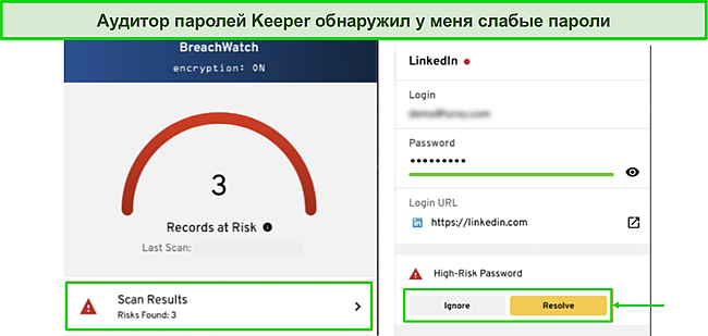 Снимок экрана: Keeper's Password Auditor обнаруживает слабые пароли.