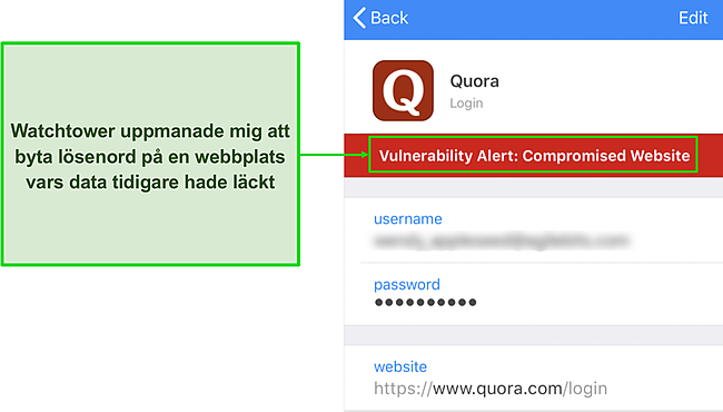 Skärmdump av 1Password's Watchtower som upptäcker en komprometterad webbplats.