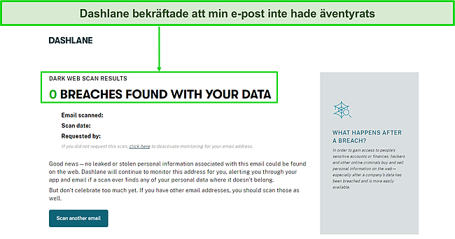 Skärmdump av Dashlanes rapport om dataintrång.