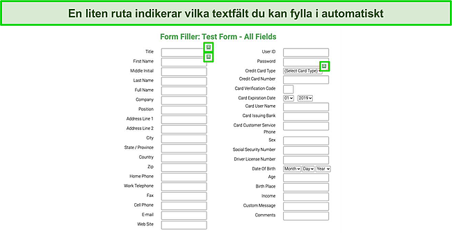 Skärmdump av testformulär som fylls i automatiskt av Roboforms autofyll-funktion.