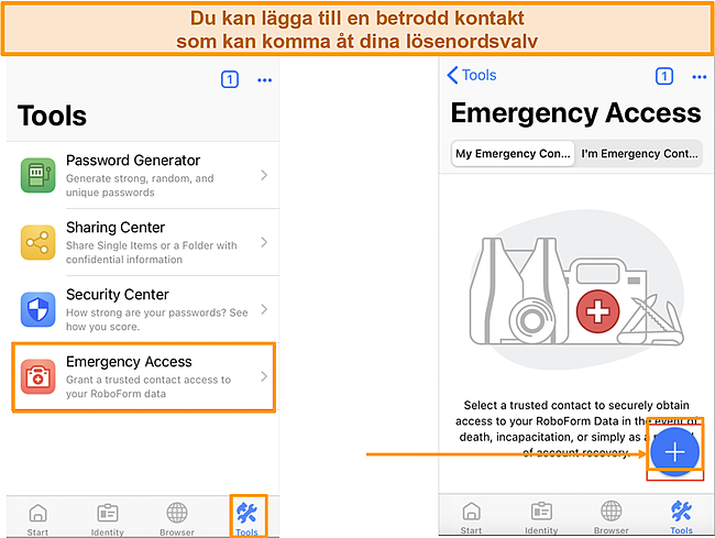 Skärmdump av Hur man lägger till nödåtkomst på Roboforms iOS-app.
