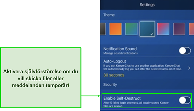 Skärmdump av KeeperChats självförstörande timeralternativ i .