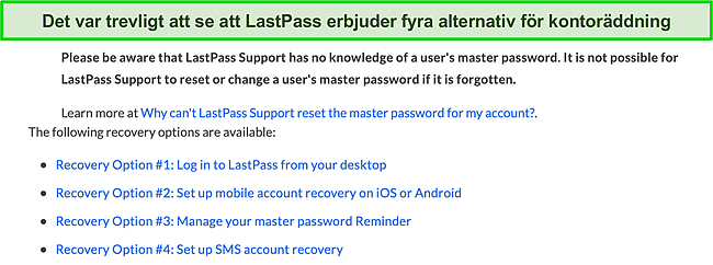 Skärmdump av LastPass kontoåterställningsalternativ.