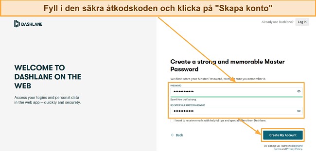 En bild som visar en inloggningsmask med texten 'Fyll i den säkra åtkodskoden och klicka på Skapa konto'