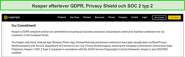 Keeper's Privacy Shield-certifiering och SOC 2 Type 2 och GDPR-efterlevnad.