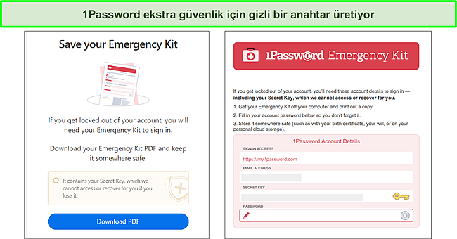 1Password'ün gizli anahtarlı acil durum kiti.